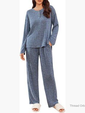 Large Ribbed Knit Lounge Set Long Sleeve Henley Top Pajama Pants